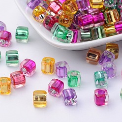 Color mezclado Perlas de cubo de acrílico transparente, color en el interior, color mezclado, 7.5x8 mm, Agujero: 4 mm, sobre 1500 unidades / 500 g