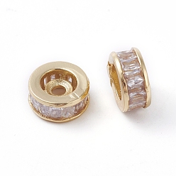 Golden Brass Beads, with Clear Cubic Zirconia, Long-Lasting Plated, Column, Golden, 8x3.5mm, Hole: 1.6mm
