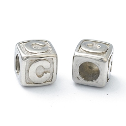 Letter C 304 Stainless Steel European Beads, Large Hole Beads, Horizontal Hole, Cube with Letter, Stainless Steel Color, Letter.C, 8x8x8mm, Hole: 4mm
