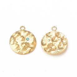Real 18K Gold Plated 304 Stainless Steel Rhinestone Pendants, Textured, Flat Round Charm, Real 18K Gold Plated, 18x15x2mm, Hole: 1.8mm