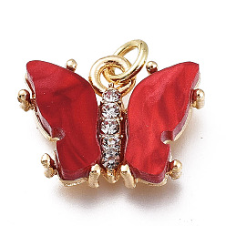 Rouge Pendentifs en laiton zircon cubique transparent, avec résine et anneaux de saut, plaqué longue durée, forme de papillon, motif de fleurs au dos, or, rouge, 13x17x3.5mm, Trou: 3mm