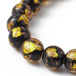 Negro Perlas de cristal de murano de arena de oro hecho a mano hilos, rondo, negro, 9~10.5 mm, agujero: 1.6~1.8 mm, sobre 30 unidades / cadena, 26~29 cm