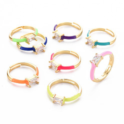 Mixed Color Brass Enamel Cuff Rings, Open Rings, with Clear Cubic Zirconia, Nickel Free, Rectangle, Golden, Mixed Color, US Size 7 1/4(17.5mm)