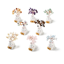 Mixed Stone Natural Gemstone Tree Display Decorations, Resin Rabbit Base Feng Shui Ornament for Wealth, Luck, Rose Gold, 26x42~49x62~64mm