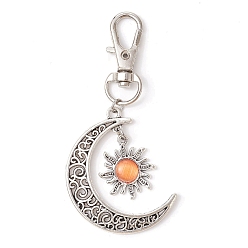 Light Salmon Moon & Sun Alloy Pendant Decorations, Cat Eye and Alloy Swivel Lobster Claw Clasps Charm, Antique Silver & Platinum, Light Salmon, 73mm