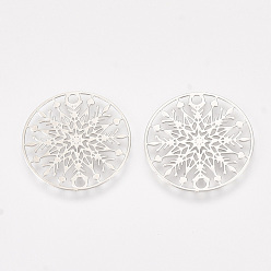 Platinum Brass Links connectors, Etched Metal Embellishments, Flat Round with Snowflake, Platinum, 20x0.3mm, Hole: 1.3mm