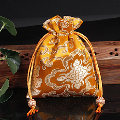 Gold Chinese Style Flower Pattern Satin Jewelry Packing Pouches, Drawstring Gift Bags, Rectangle, Gold, 14x11cm