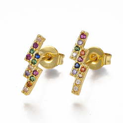 Golden Brass Micro Pave Cubic Zirconia(Random Mixed Color) Flash Stud Earrings, Crawler Earrings/Climber Earrings, with Ear Nuts, Lightning Bolt, Golden, 12x4mm, Pin: 0.7mm