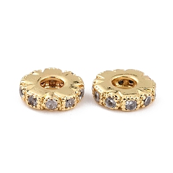 Real 18K Gold Plated Brass Micro Pave Clear Cubic Zirconia Beads, Long-Lasting Plated, Cadmium Free & Lead Free, Flat Round, Real 18K Gold Plated, 8x2mm, Hole: 2.8mm