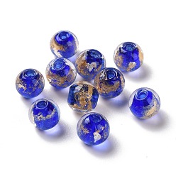Blue Handmade Gold Foil Lampwork Glass Beads, Round, Blue, 8mm, Hole: 1.4mm
