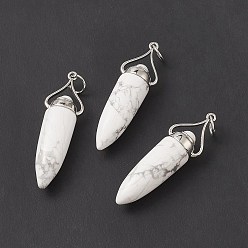 Howlite Natural Howlite Pointed Big Pendants, with Jump Ring, Bullet Charms with Platinum Plated Brass Findings, 51~52x11.7~12.3mm, Hole: 6mm