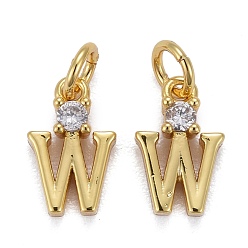 Letter W Brass Micro Pave Clear Cubic Zirconia Pendants, with Jump Rings, Real 18K Gold Plated, Long-Lasting Plated, Letter, Letter.W, 9.5x6x2.5mm
