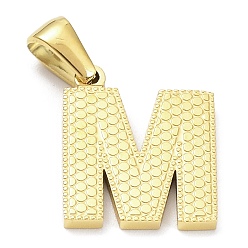 Letter M Revestimiento de iones (ip) 316l colgantes de acero inoxidable quirúrgico, real 18 k chapado en oro, encanto de la letra, textura, letra m, 16.5x14x1.6 mm, agujero: 3.5 mm