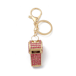 Rose Shining Zinc Alloy Rhinestone Whistle Pendant Keychain, for Car Key Bag Charms Ornaments, Rose, 11.9cm