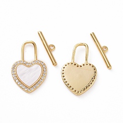 Real 18K Gold Plated Brass Micro Pave Clear Cubic Zirconia with Shell Toggle Clasps, Heart Lock, Real 18K Gold Plated, Bar: 18x4x1.5mm, Hole: 1.2mm, Heart: 22.5x14.5x2.5mm