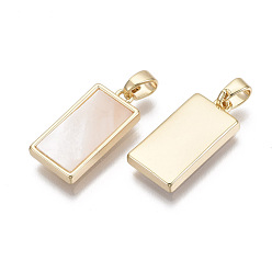 Seashell Color Brass Pendants, with Freshwater Shell, Nickel Free, Real 18k Gold Plated, Rectangle, Seashell Color, 18x9x3mm, Hole: 2x4mm