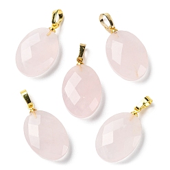 Rose Quartz Natural Rose Quartz Pendants, Faceted Oval Charms with Golden Plated Brass Snap on Bails, 21.8x13.4~13.5x6.2mm, Hole: 5.3x3.7mm