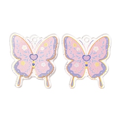 Pink Transparent Acrylic Pendants, with Glitter Powder, Butterfly, Pink, 37.5x33.5x1.5mm, Hole: 2.8mm