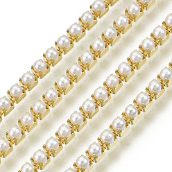 Creamy White Brass Strass Chains, with ABS Plastic Imitation Pearl, Raw(Unplated), Creamy White, 2x2mm, 4000pcs plastic Pearl/bundle, about 32.8 Feet(10m)/bundle