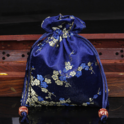 Medium Blue Chinese Style Flower Pattern Satin Jewelry Packing Pouches, Drawstring Gift Bags, Rectangle, Medium Blue, 14x11cm