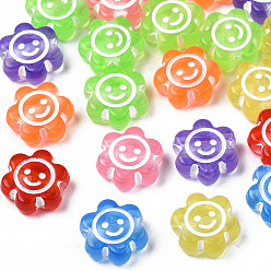 Mixed Color Transparent Acrylic Beads, Craft Style, Flower with Smiling Face, Mixed Color, 10x11x5mm, Hole: 2mm, about 1800pcs/500g