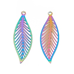 Rainbow Color 201 Stainless Steel Pendants, Etched Metal Embellishments, Leaf Charm, Rainbow Color, 32x10x0.2mm, Hole: 1.4mm