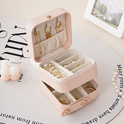 Pink Boîte de rangement de bijoux en cuir pu carré double couche, Étui portable de rangement de bijoux de voyage, pour colliers, boucles d'oreilles, bagues, rose, 9.5x9.5x8 cm