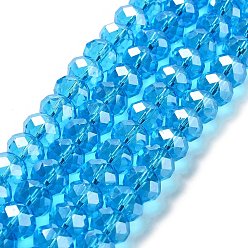 Deep Sky Blue Glass Beads Strands, Pearl Luster Plated, Crystal Suncatcher, Faceted Rondelle, Deep Sky Blue, 12x8mm, Hole: 1mm, about 68~70pcs/strand, 22.83 inch~23.23 inch(58~59cm)