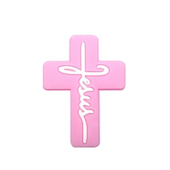 Rose Nacré Croix avec le mot Jésus, perles en silicone de qualité alimentaire, perles de dentition en silicone, perle rose, 30x22.2mm