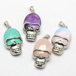 Mixed Stone Personalized Retro Halloween Skull Jewelry Bezel Natural & Synthetic Mixed Gemstone Pendants, with Antique Silver Plated Alloy Findings, 43x23x12mm, Hole: 5x4mm