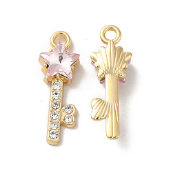 Pink Colgantes de diamantes de imitación de aleación de chapado en rack, sin níquel, con vidrio, encantos de llave de estrella, dorado, rosa, 24x8.5x5.5 mm, agujero: 2 mm
