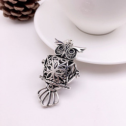 Antique Silver Tibetan Style Brass Bead Cage Pendants, for Chime Ball Pendant Necklaces Making, Hollow Owl Charm, Antique Silver, 60x29mm
