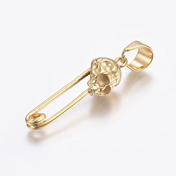 Oro 304 ajuste de diamantes de imitación colgantes de acero inoxidable, pasador de seguridad con calavera, dorado, aptos para 4 mm de diamante de imitación, 44.5x11x11.5 mm, agujero: 12x6 mm