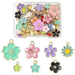 Mixed Color 50Pcs 7 Styles Alloy Enamel Charms, Golden/Light Gold, Flower Charm, Mixed Color, 10~20.5x8~17.5x1.5~2.5mm, Hole: 1.4~2mm
