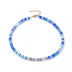 Blue Handmade Polymer Clay Heishi Beaded Necklaces, with Brass Beads, Non-magnetic Synthetic Hematite Beads and 304 Stainless Steel Lobster Claw Clasps, Blue, 14.96 inch(38cm)
