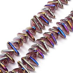 Medium Purple Electroplate Transparent Glass Beads Strands, Rainbow Plated, Triangle, Medium Purple, 9x15.5~16mm, Hole: 1mm, about 120pcs/strand, 24.57~25.67''(62.4~65.2cm)