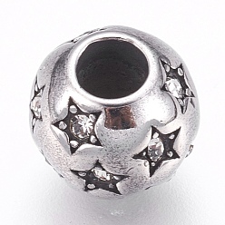 Antique Silver 304 Stainless Steel European Beads, Large Hole Beads, with Rhinestone, Rondelle with Star, Antique Silver, 10x9mm, Hole: 4mm