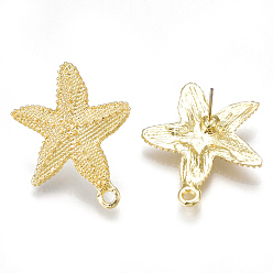 Light Gold Alloy Stud Earring Findings, with Loop, Steel Pins, Starfish/Sea Stars, Light Gold, 30x26mm, Hole: 2mm, Pin: 0.7mm