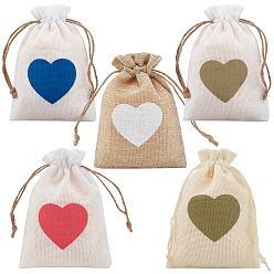Mixed Color Gorgecraft Burlap Packing Pouches Drawstring Bags, with Heart Pattern, Mixed Color, 14x10cm, 5 colors, 4pcs/color, 20pcs
