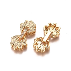 Golden Brass Micro Pave Clear Cubic Zirconia Fold Over Clasps, Flower, Golden, 28x13x5mm, Hole: 1mm