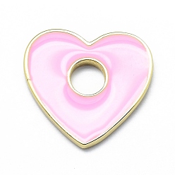 Pink Laiton émail pendentifs, réel 18 k plaqué or, plaqué longue durée, cœur, rose, 15x16x1.5mm, Trou: 4mm