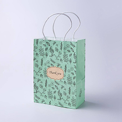 Green kraft Paper Bags, with Handles, Gift Bags, Shopping Bags, Rectangle, Flower Pattern, Green, 21x15x8cm