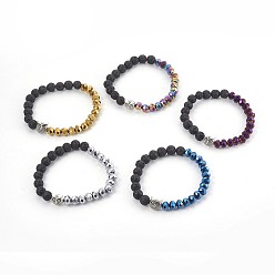Mixed Color Electroplate Glass & Natural Lava Rock Stretch Bracelets, with Alloy Beads, Owl, Mixed Color, 2-1/8 inch(5.4cm)