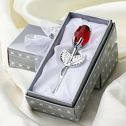 Roja Rosa de cristal con rama de flores de varilla de metal., para regalo de boda regalo del día de san valentín, Platino, rojo, 90x30x20 mm