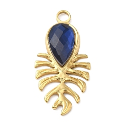 Medium Blue Real 18K Gold Plated 304 Stainless Steel Pendants, with Glass, Leaf Charms, Medium Blue, 30x15x4~5.5mm, Hole: 2.5mm