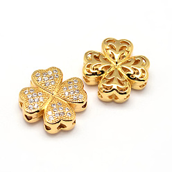 Real 18K Gold Plated Clover Brass Micro Pave Cubic Zirconia Beads, Clear, Real 18K Gold Plated, 14x14x5mm, Hole: 1mm