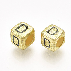 Letter D Acrylic Beads, Horizontal Hole, Metallic Plated, Cube with Letter.D, 6x6x6mm, 2600pcs/500g