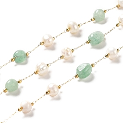 Green Aventurine Natural Pearl & Green Aventurine Beaded Chains, with Stainless Steel Findings, Long-Lasting Plated, Soldered, Golden, 5~9.5x4~8x2~5mm, 4~6x5.5~8mm