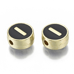 Letter I Alloy Enamel Beads, Cadmium Free & Nickel Free & Lead Free, Flat Round with Initial Letters, Light Gold, Letter.I, 8x4mm, Hole: 1.5mm