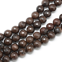 Coconut Brown Natural White Jade Bead Strands, Dyed, Faceted, Round, Coconut Brown, 8~9mm, Hole: 1mm, about 46pcs/strand, 14.76~14.96 inch(37.5~38cm)